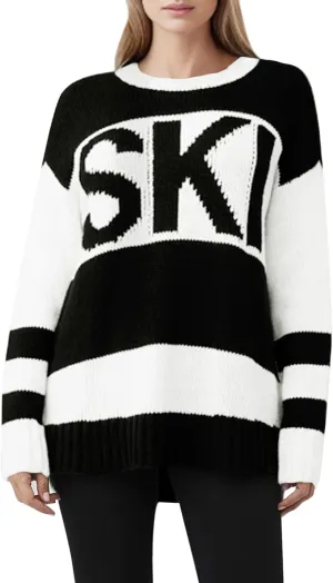 Saodimallsu Womens Color Block Oversized Sweater Ski Print Fall Trendy Crew Neck Long Sleeve Pullover Sweaters Knit Tops