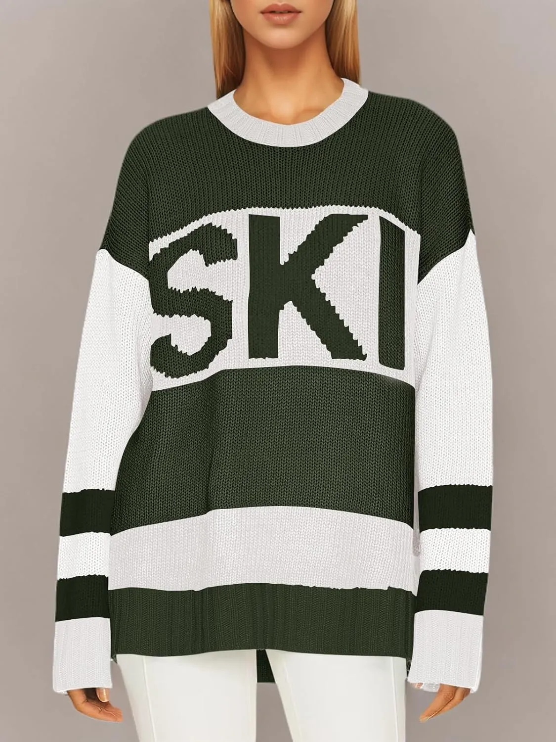Saodimallsu Womens Color Block Oversized Sweater Ski Print Fall Trendy Crew Neck Long Sleeve Pullover Sweaters Knit Tops