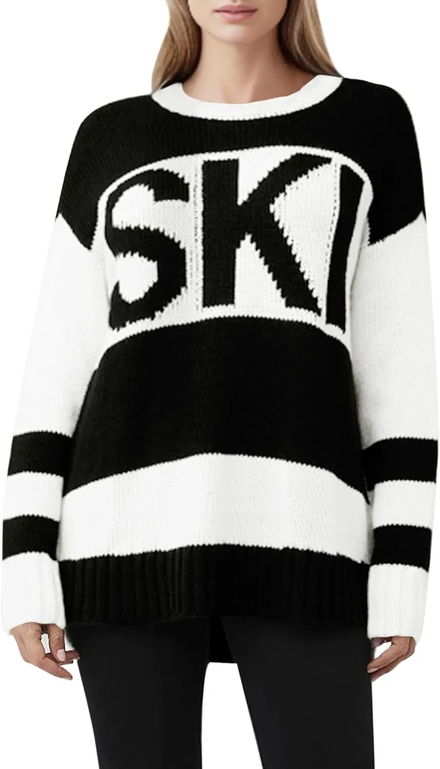 Saodimallsu Womens Color Block Oversized Sweater Ski Print Fall Trendy Crew Neck Long Sleeve Pullover Sweaters Knit Tops