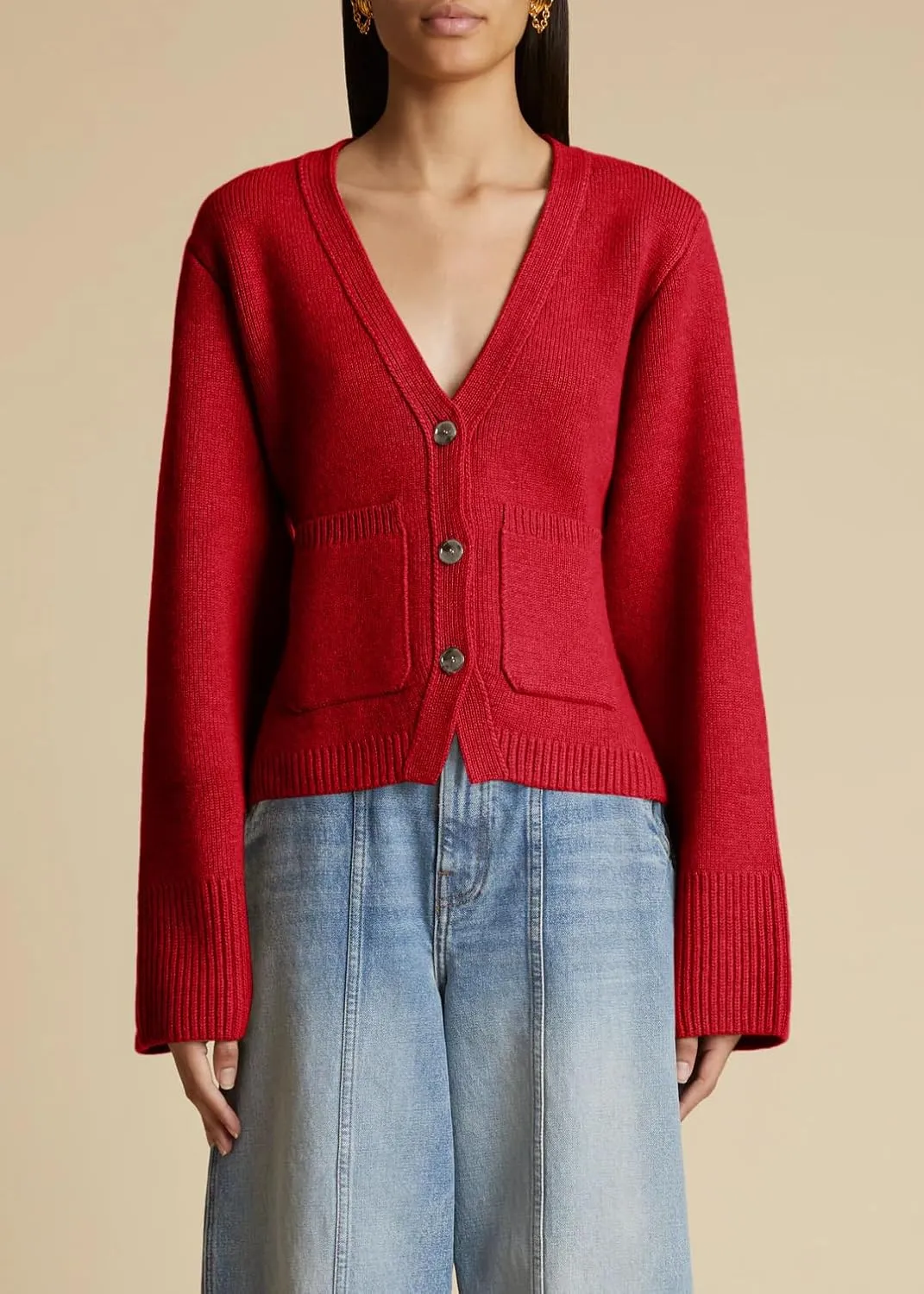 Saodimallsu Womens Deep V Neck Cardigan Sweaters Open Front Button Down Long Sleeve Cropped Knit Coats with Pockets