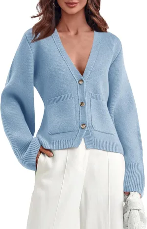Saodimallsu Womens Deep V Neck Cardigan Sweaters Open Front Button Down Long Sleeve Cropped Knit Coats with Pockets