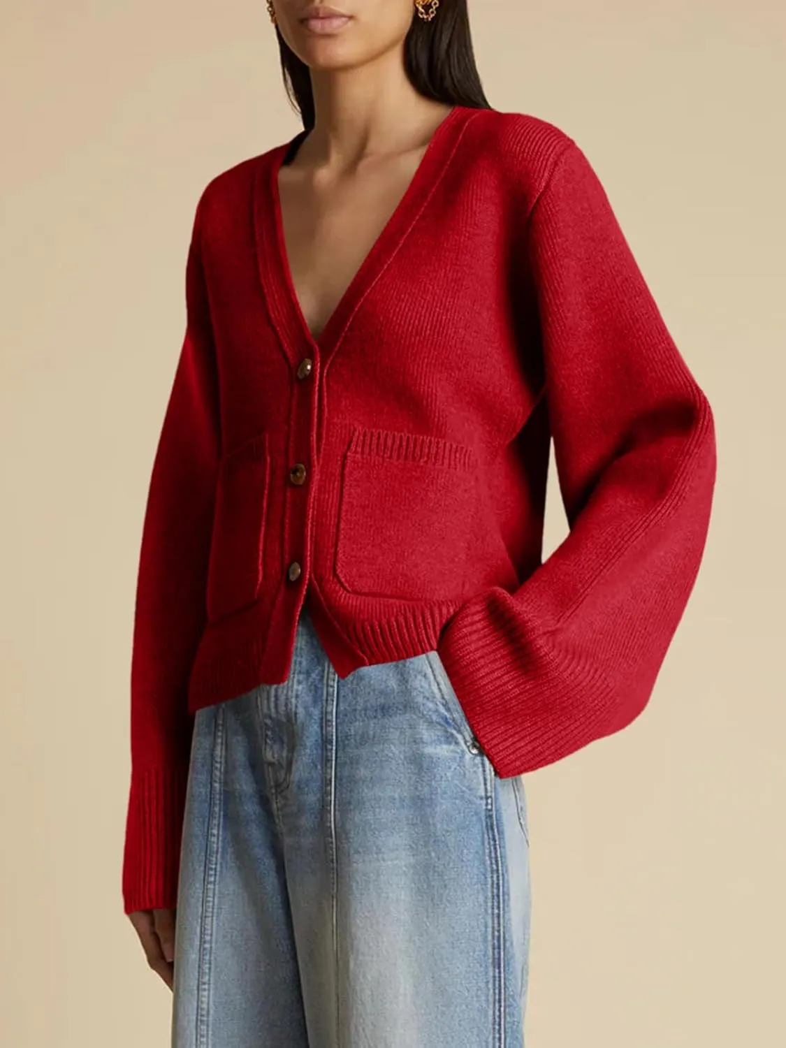 Saodimallsu Womens Deep V Neck Cardigan Sweaters Open Front Button Down Long Sleeve Cropped Knit Coats with Pockets