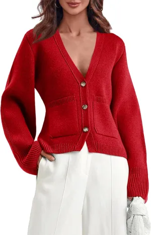 Saodimallsu Womens Deep V Neck Cardigan Sweaters Open Front Button Down Long Sleeve Cropped Knit Coats with Pockets