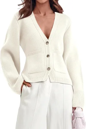 Saodimallsu Womens Deep V Neck Cardigan Sweaters Open Front Button Down Long Sleeve Cropped Knit Coats with Pockets