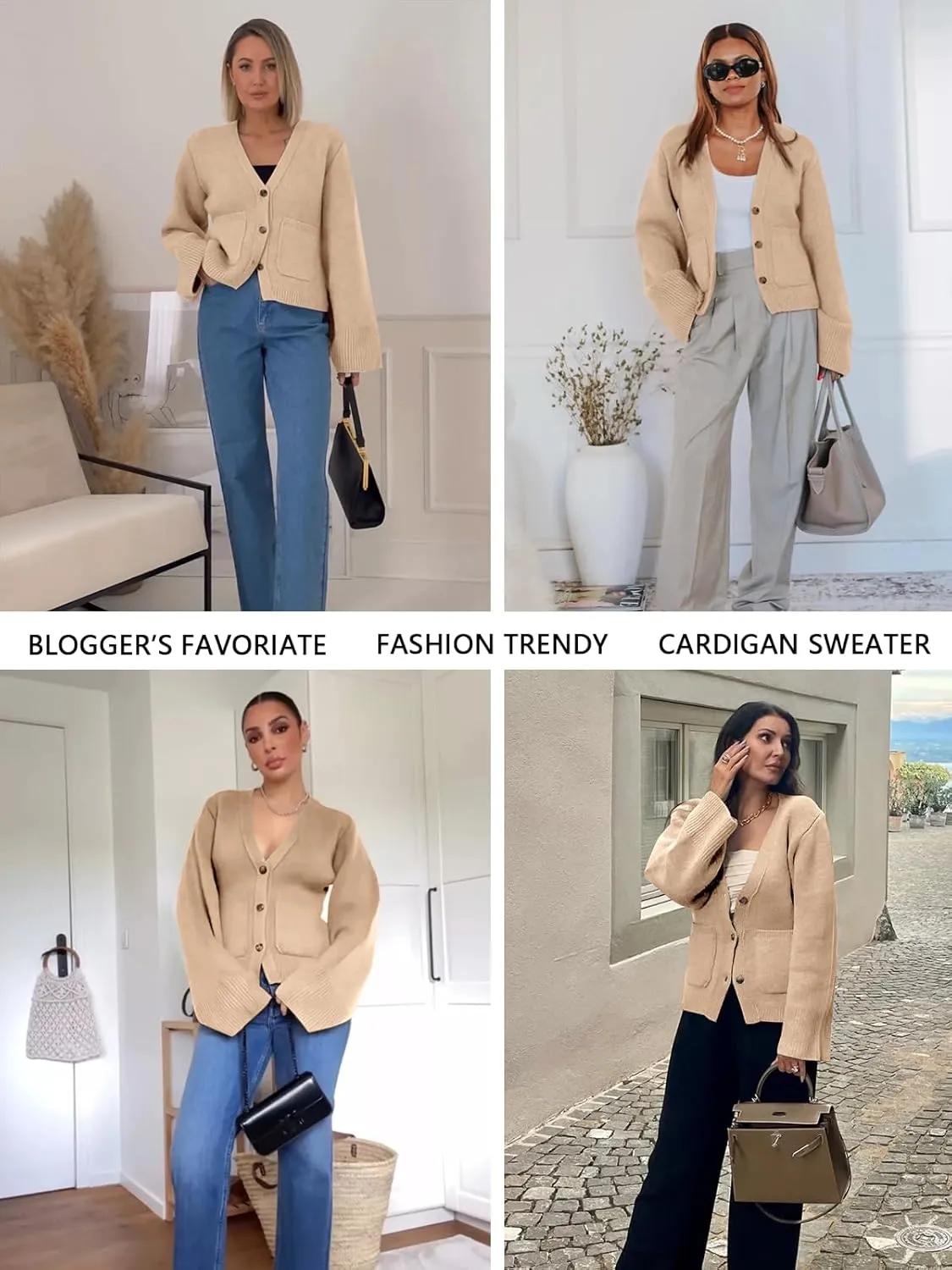 Saodimallsu Womens Deep V Neck Cardigan Sweaters Open Front Button Down Long Sleeve Cropped Knit Coats with Pockets