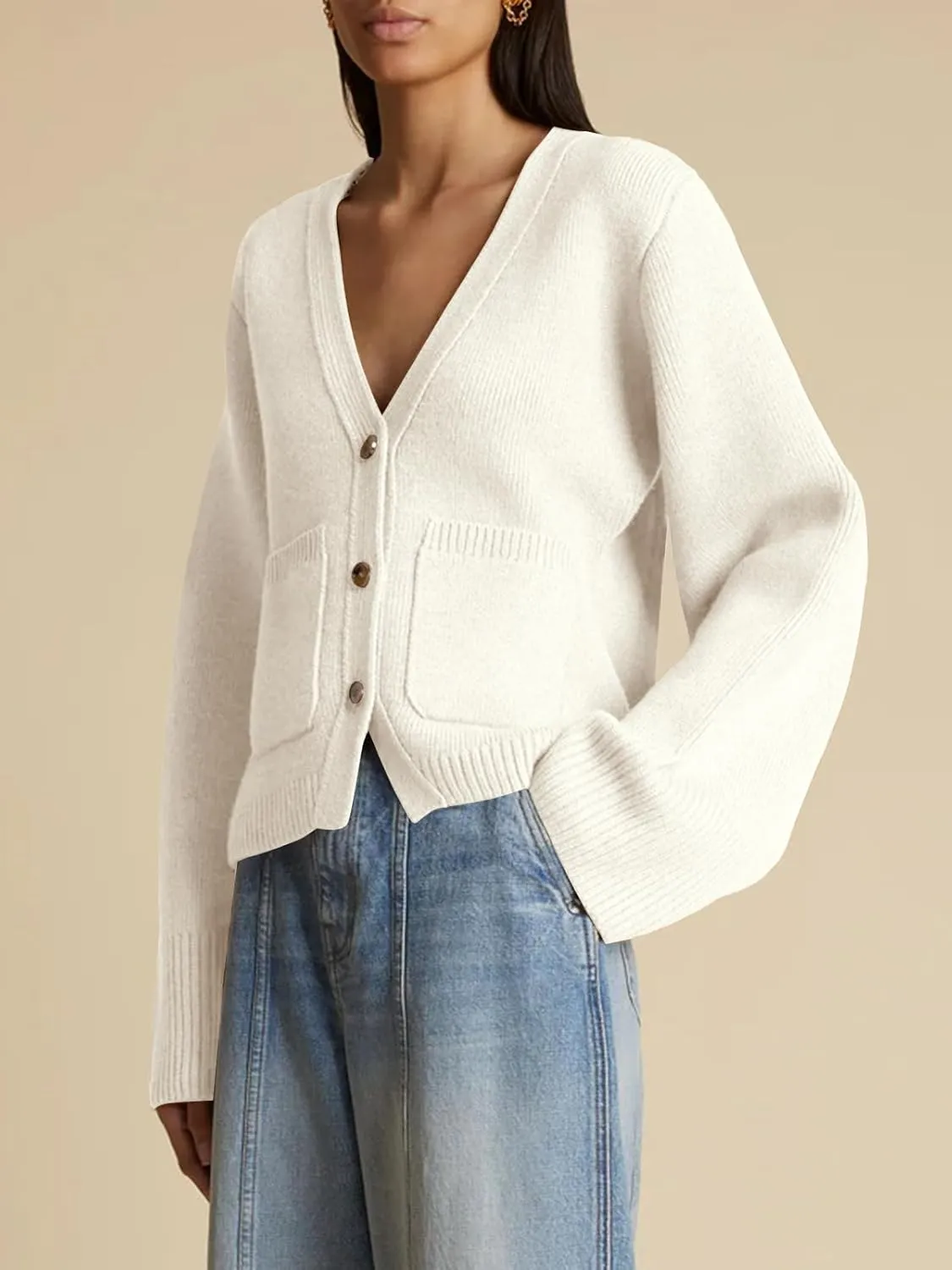 Saodimallsu Womens Deep V Neck Cardigan Sweaters Open Front Button Down Long Sleeve Cropped Knit Coats with Pockets