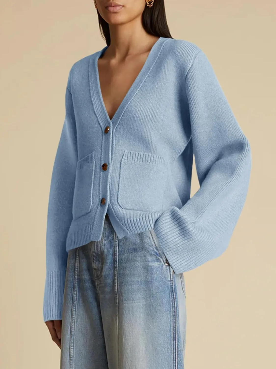 Saodimallsu Womens Deep V Neck Cardigan Sweaters Open Front Button Down Long Sleeve Cropped Knit Coats with Pockets