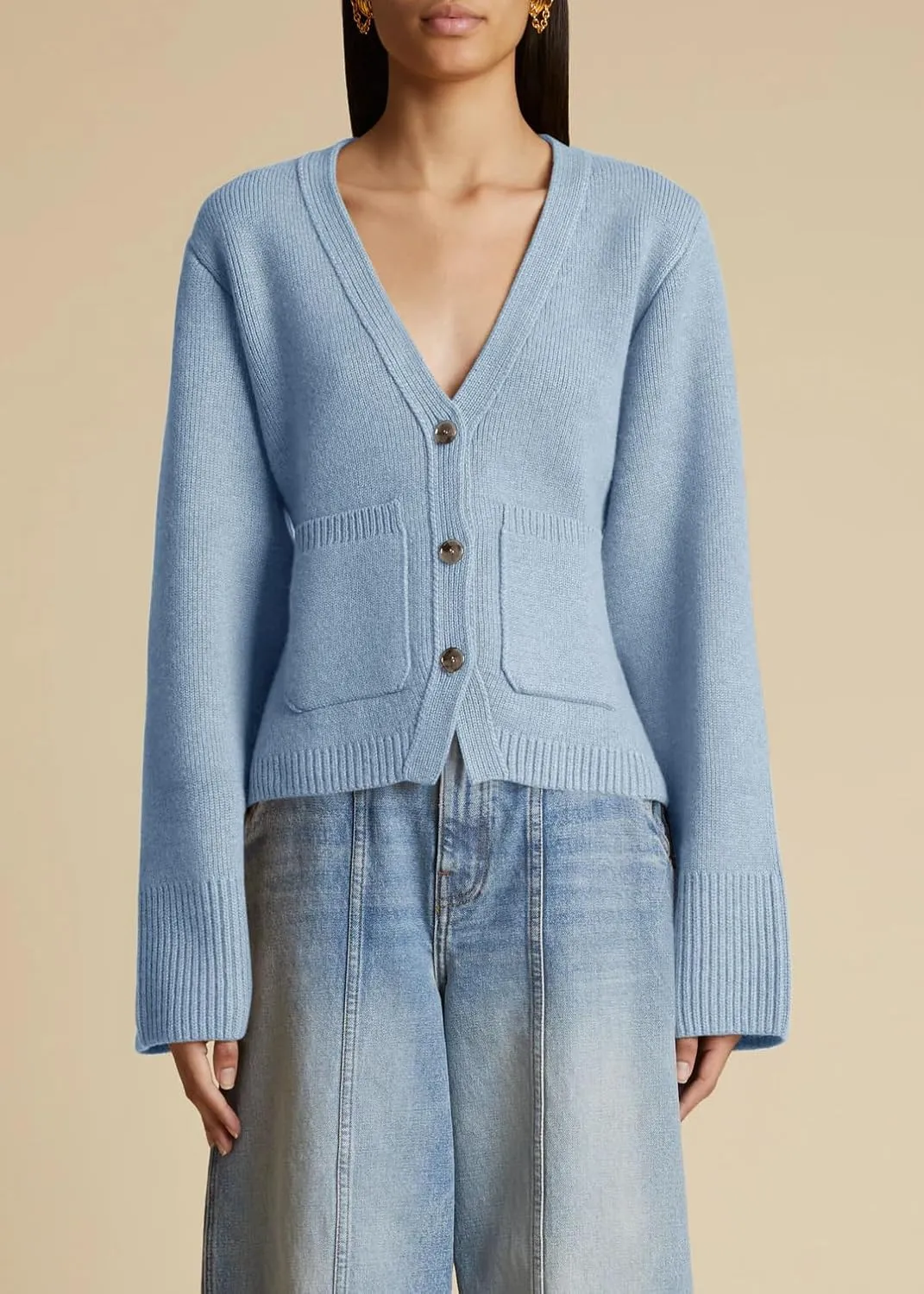 Saodimallsu Womens Deep V Neck Cardigan Sweaters Open Front Button Down Long Sleeve Cropped Knit Coats with Pockets