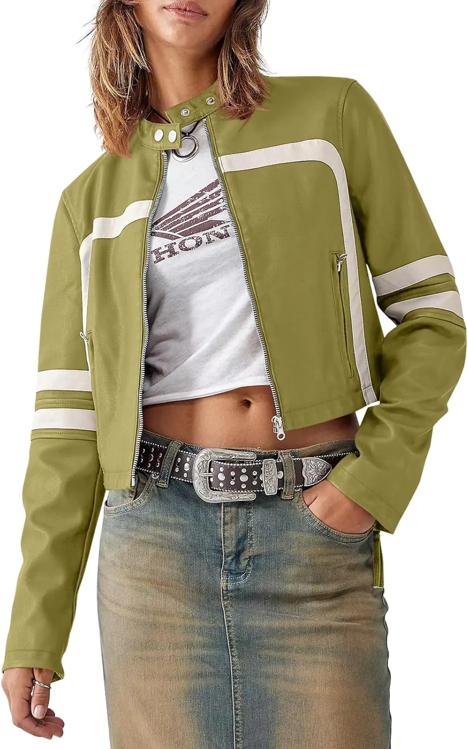 Saodimallsu Women’s Faux Leather Jackets Zip Up Stand Collar Cropped Motocross PU Coats