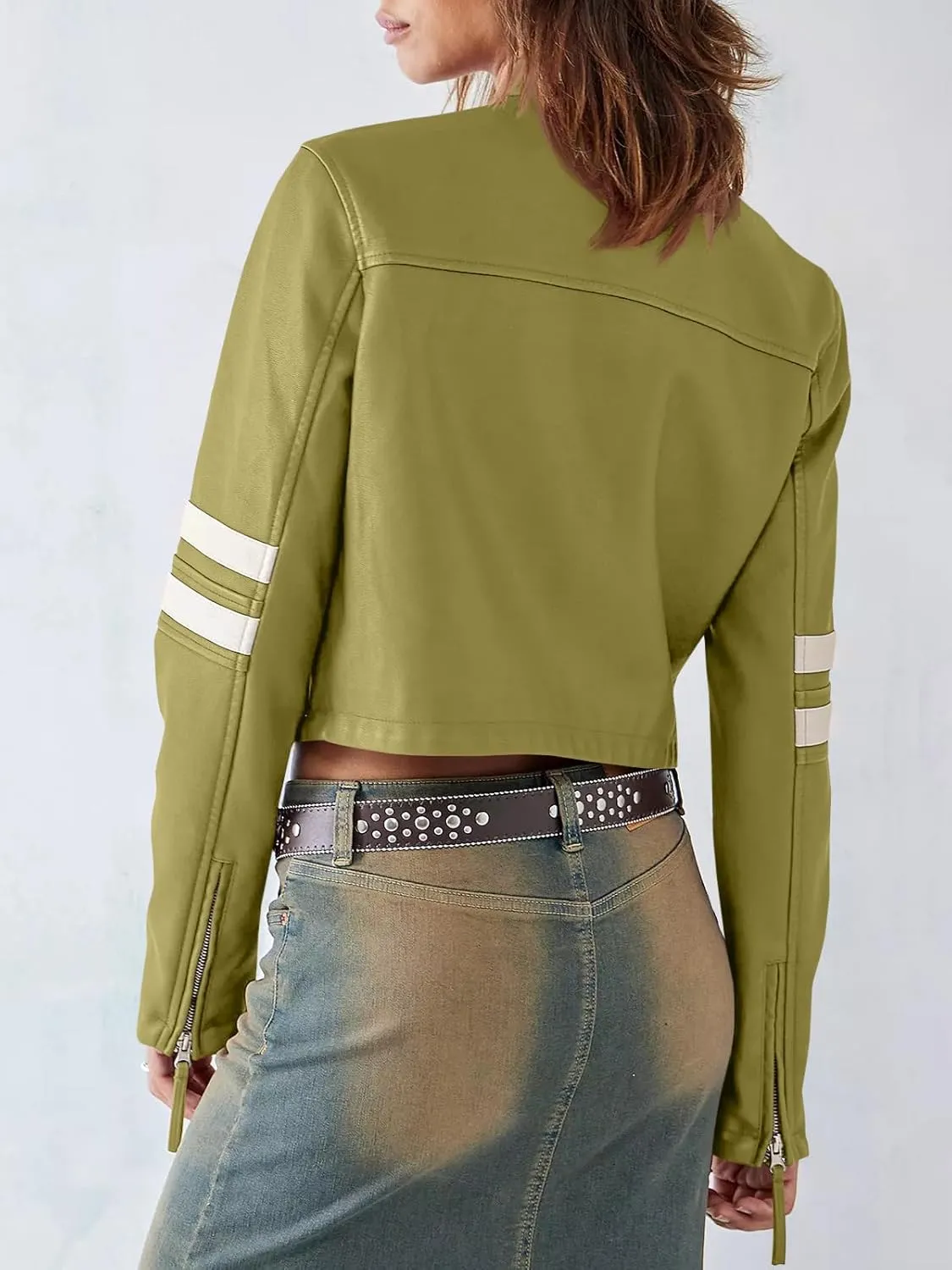 Saodimallsu Women’s Faux Leather Jackets Zip Up Stand Collar Cropped Motocross PU Coats
