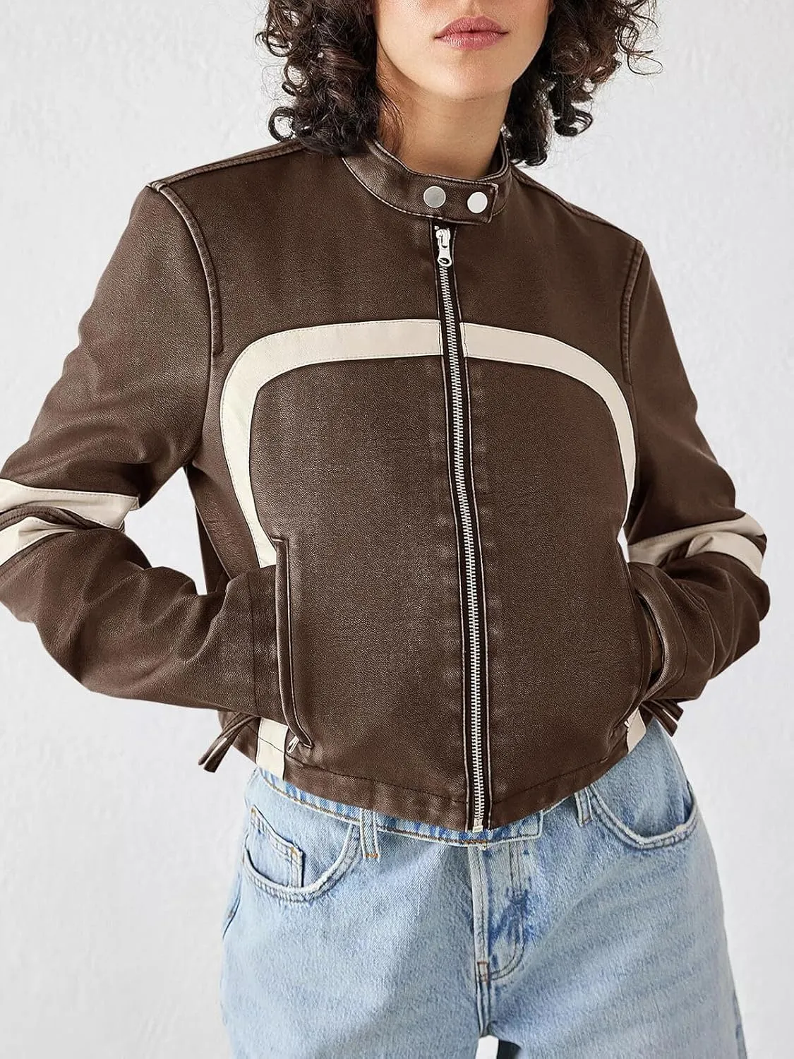Saodimallsu Women’s Faux Leather Jackets Zip Up Stand Collar Cropped Motocross PU Coats