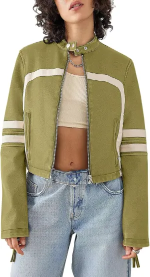 Saodimallsu Women’s Faux Leather Jackets Zip Up Stand Collar Cropped Motocross PU Coats