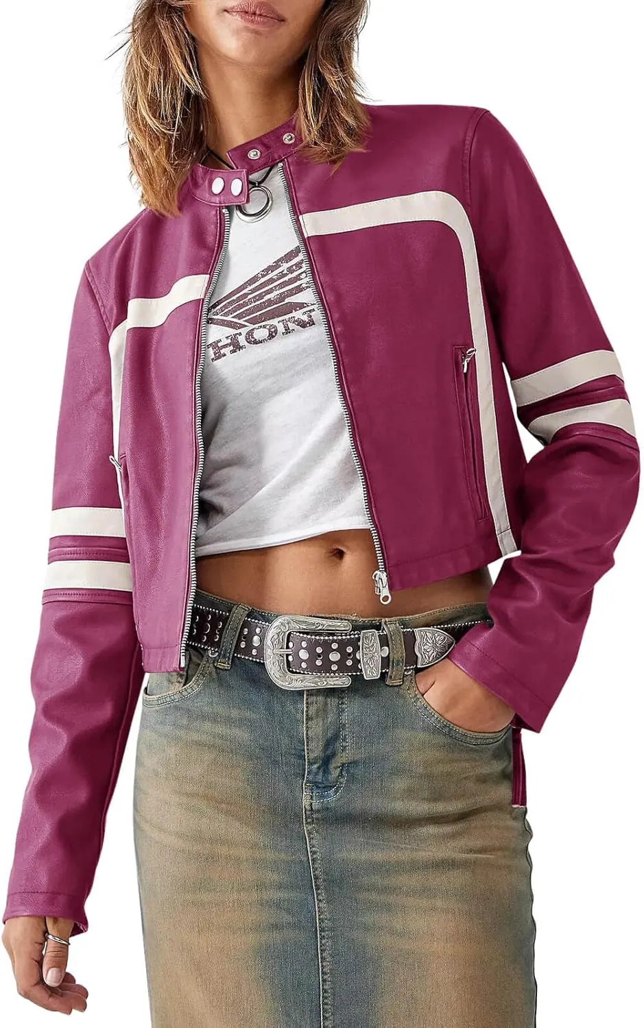 Saodimallsu Women’s Faux Leather Jackets Zip Up Stand Collar Cropped Motocross PU Coats