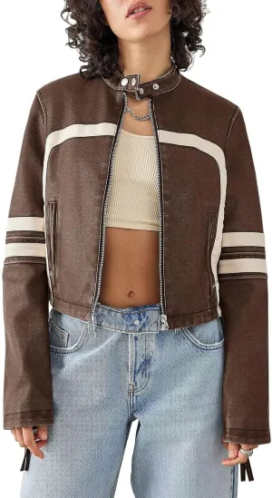 Saodimallsu Women’s Faux Leather Jackets Zip Up Stand Collar Cropped Motocross PU Coats