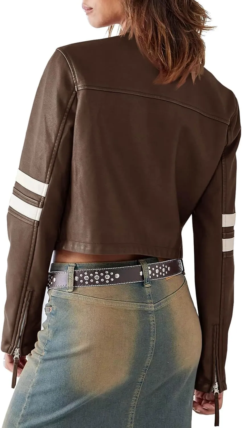 Saodimallsu Women’s Faux Leather Jackets Zip Up Stand Collar Cropped Motocross PU Coats