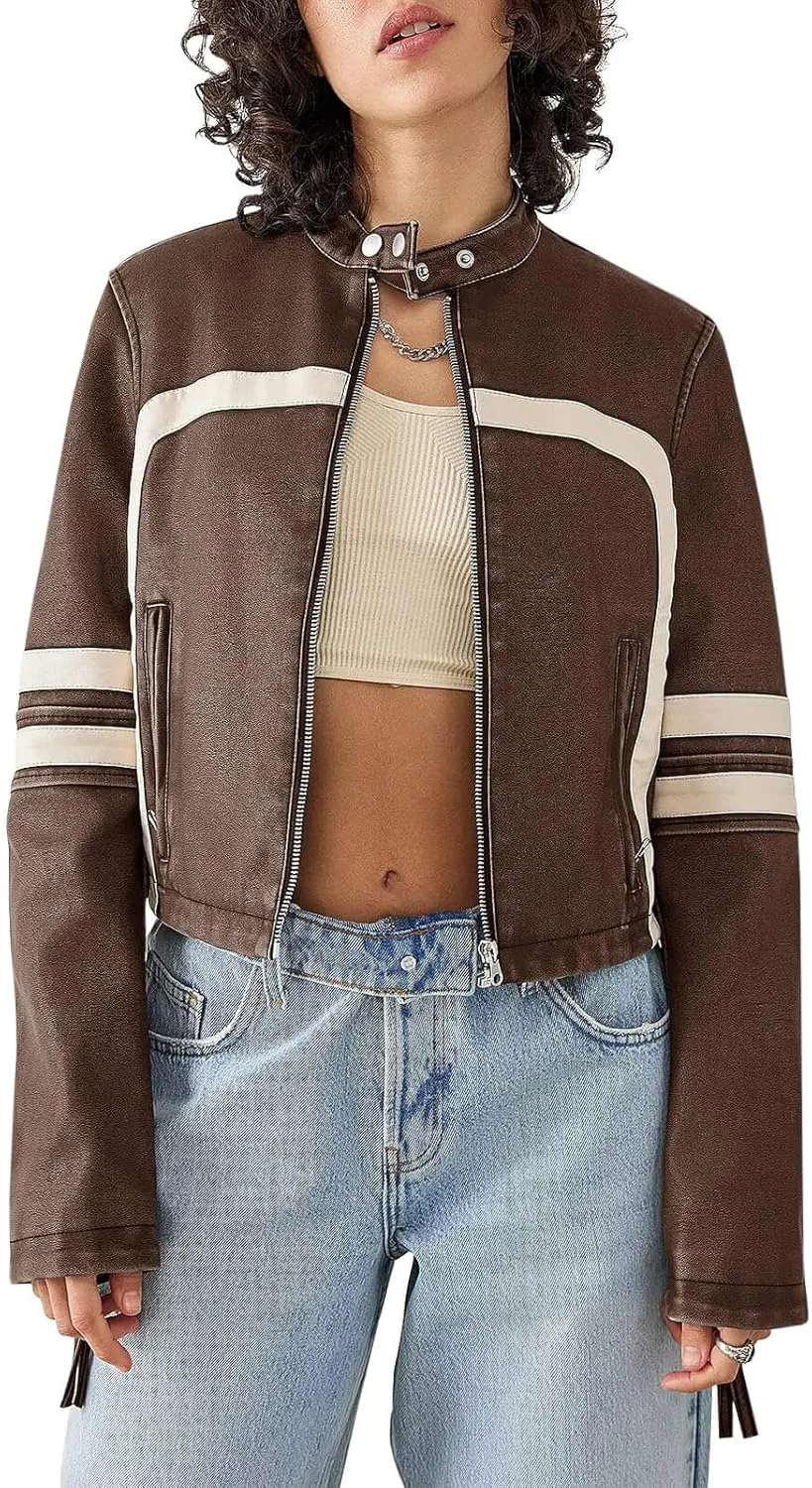 Saodimallsu Women’s Faux Leather Jackets Zip Up Stand Collar Cropped Motocross PU Coats