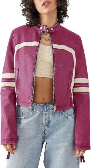 Saodimallsu Women’s Faux Leather Jackets Zip Up Stand Collar Cropped Motocross PU Coats