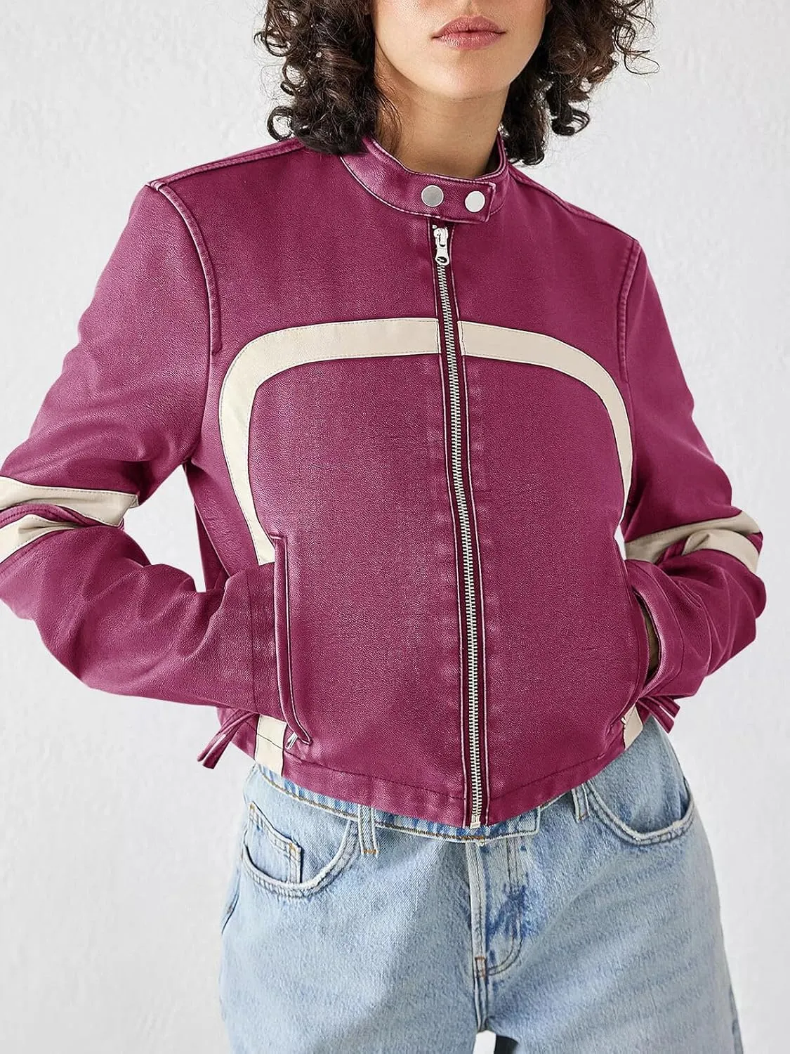 Saodimallsu Women’s Faux Leather Jackets Zip Up Stand Collar Cropped Motocross PU Coats