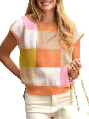 Saodimallsu Womens Short Sleeve Sweater Top Summer Color Block Lightweight Knit Crewneck Going Out Pullover Tops