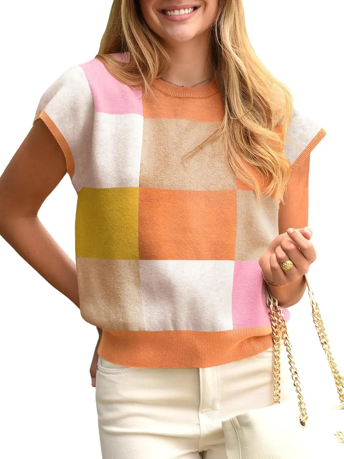 Saodimallsu Womens Short Sleeve Sweater Top Summer Color Block Lightweight Knit Crewneck Going Out Pullover Tops