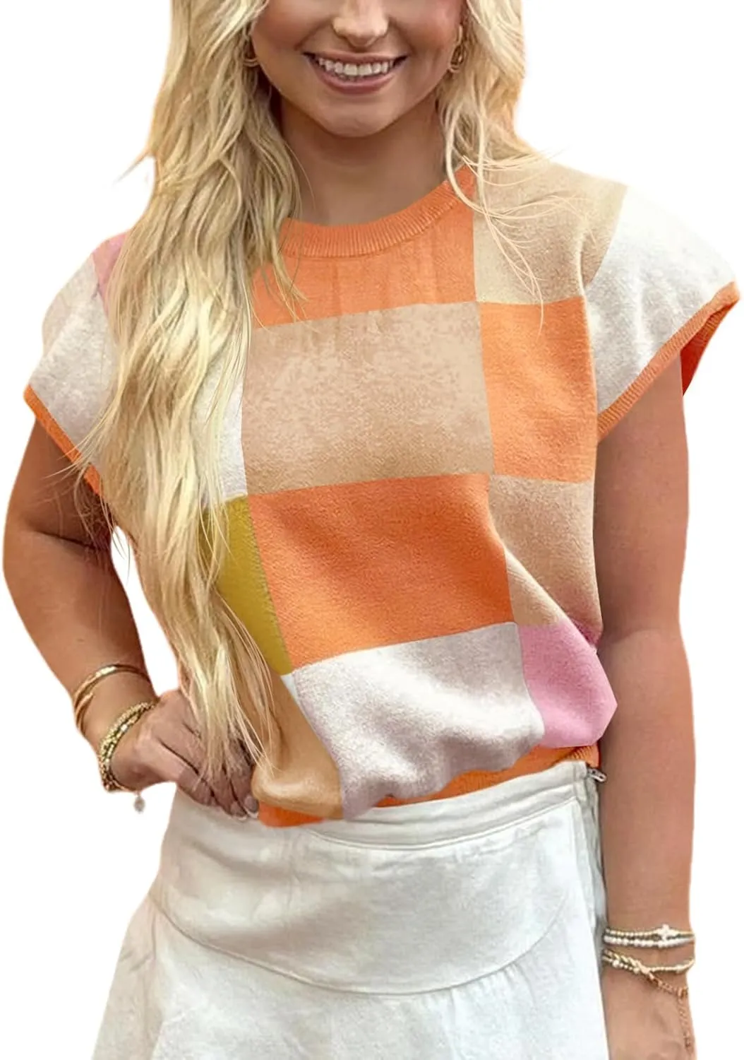 Saodimallsu Womens Short Sleeve Sweater Top Summer Color Block Lightweight Knit Crewneck Going Out Pullover Tops