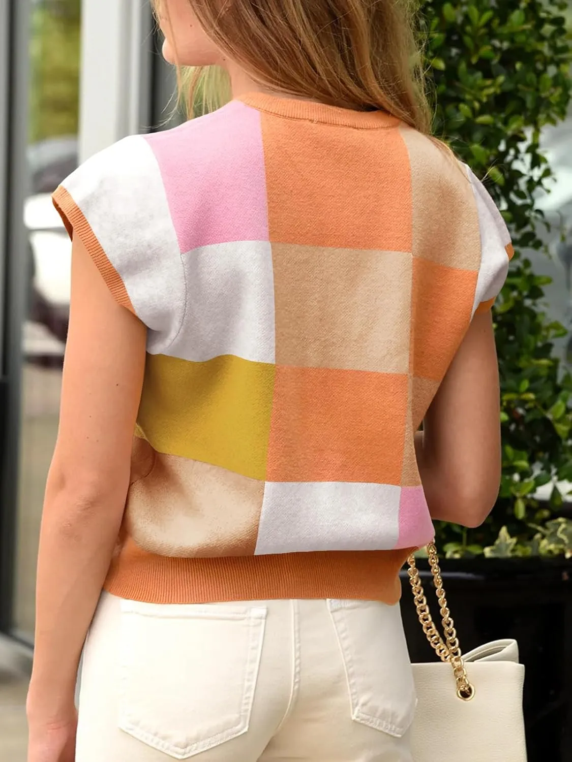 Saodimallsu Womens Short Sleeve Sweater Top Summer Color Block Lightweight Knit Crewneck Going Out Pullover Tops