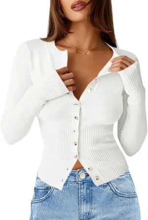 Saodimallsu Womens Slim Fit Cardigan Sweaters Sexy Button Crew Neck Fall Trendy Knit Long Sleeve Soft Open Front Tops