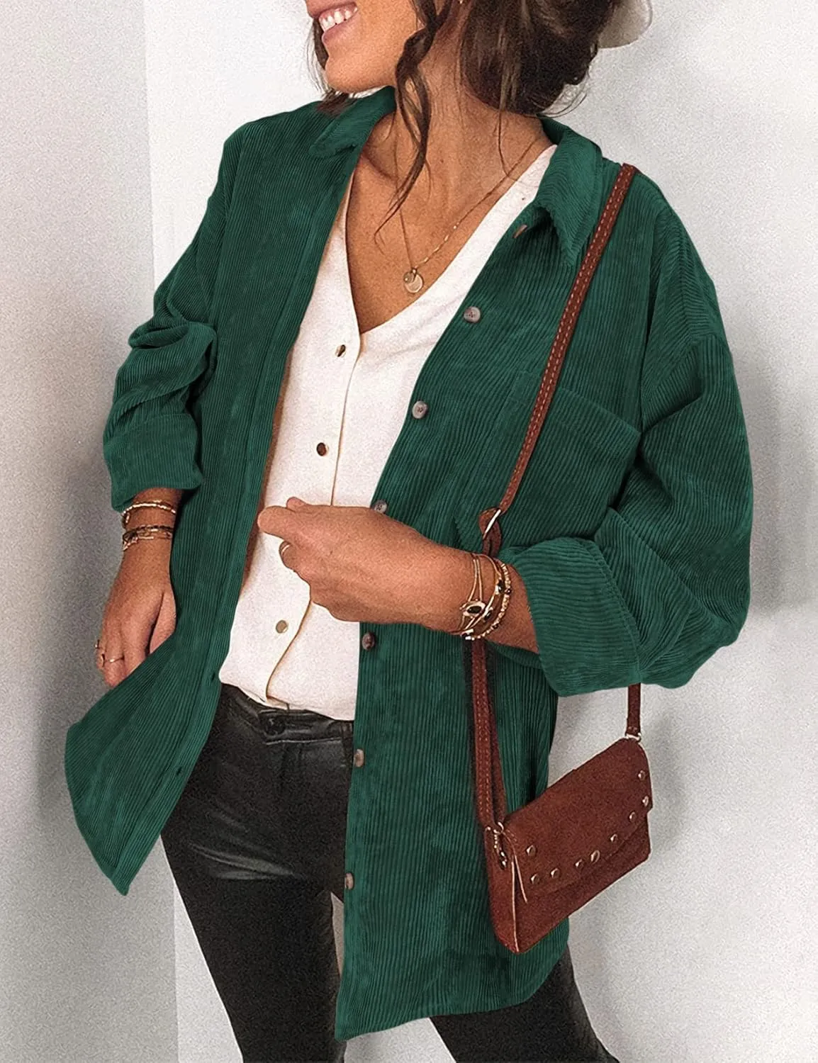Saslax Womens Corduroy Shirt Long Sleeve Oversized Button Up V Neck Blouses Tops Loose Shacket Jacket