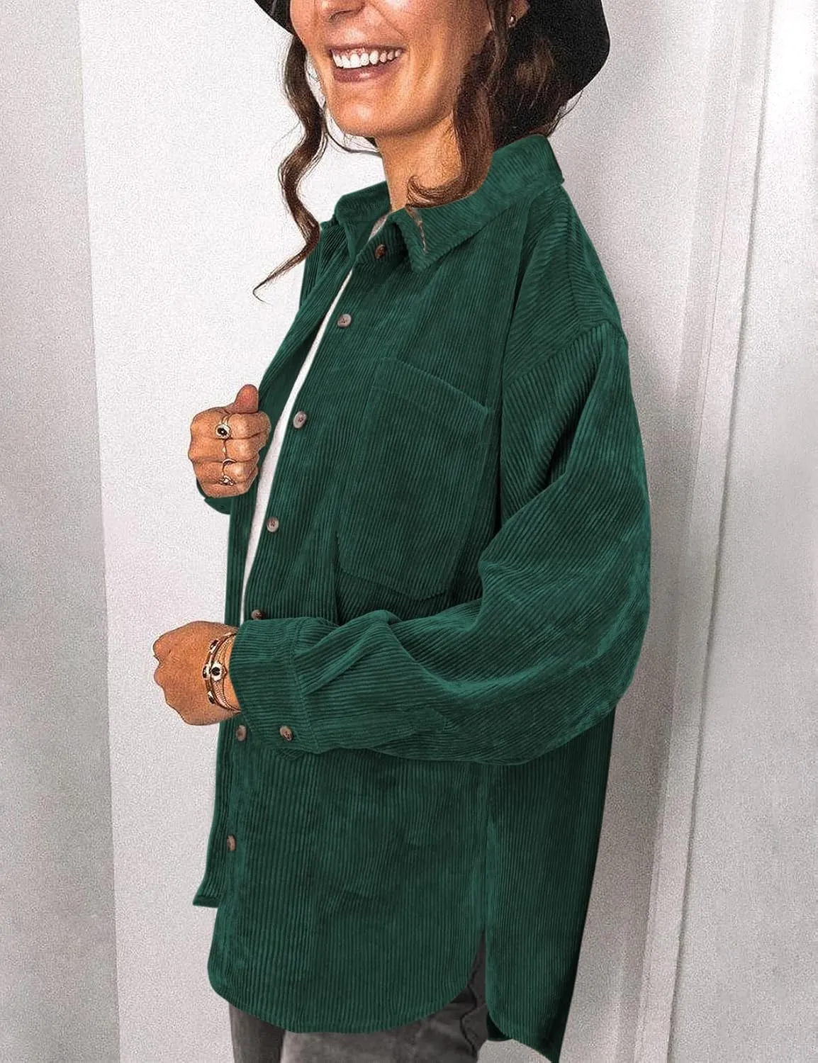 Saslax Womens Corduroy Shirt Long Sleeve Oversized Button Up V Neck Blouses Tops Loose Shacket Jacket
