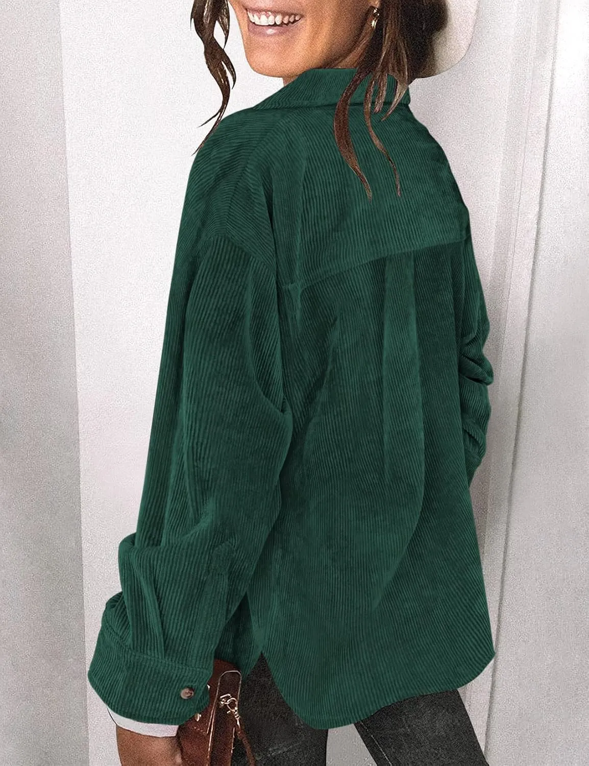Saslax Womens Corduroy Shirt Long Sleeve Oversized Button Up V Neck Blouses Tops Loose Shacket Jacket