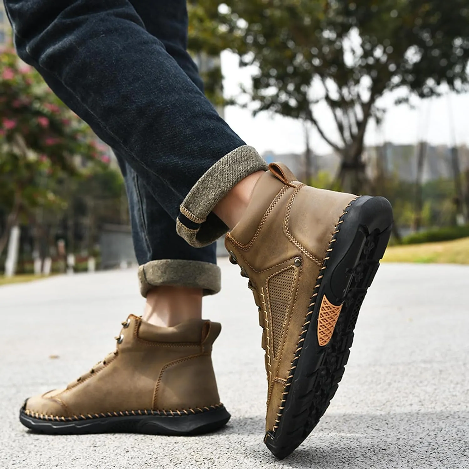 Sawbehind Mens Boots, Sawbehind Men's Comfortable Handmade Leather Boots, Waterproof, Non-slip, Arch Support
