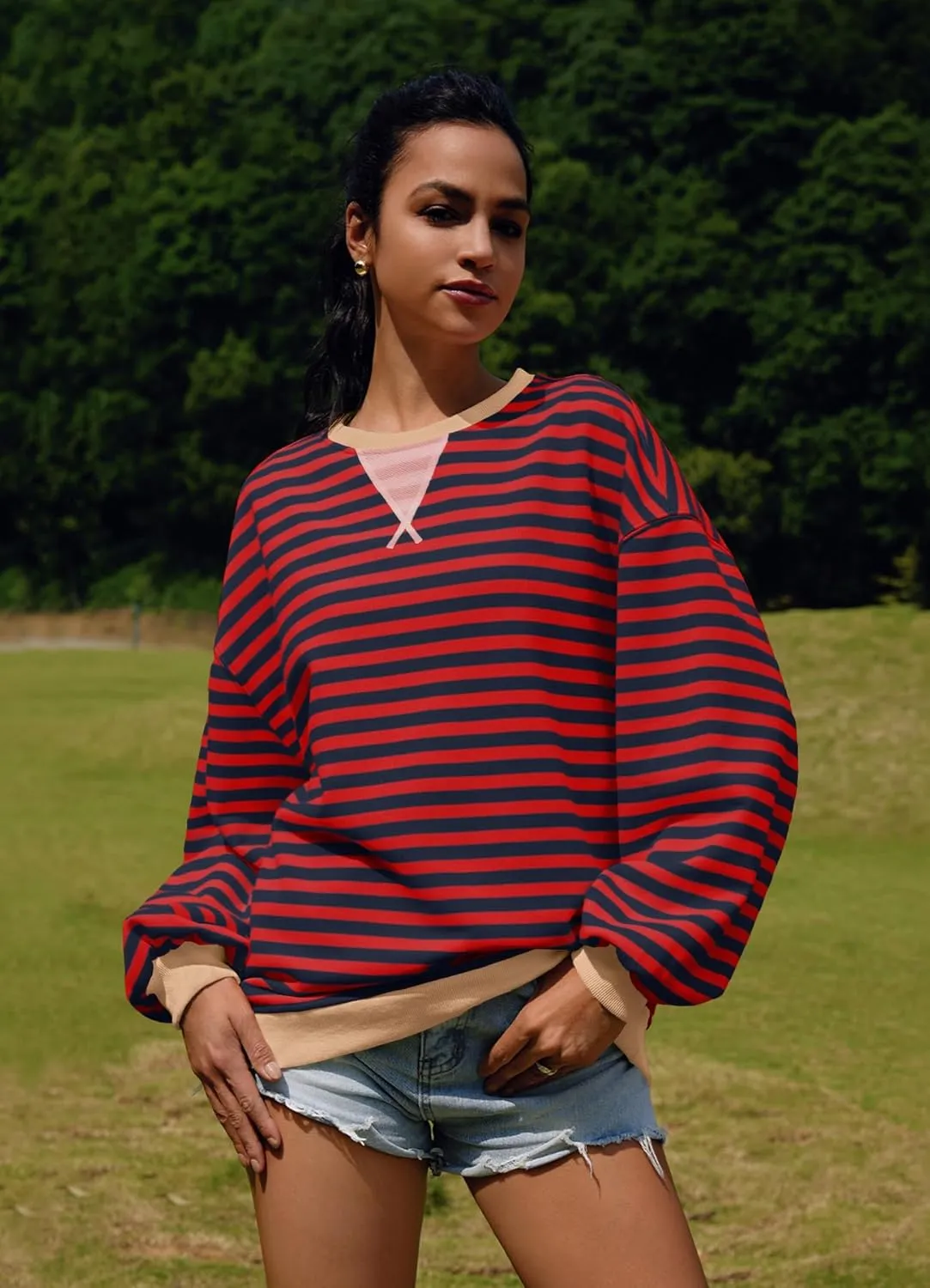 SENSERISE Womens Oversized Classic Striped Crewneck Sweatshirts Long Sleeve Color Block Shirts Casual Tops