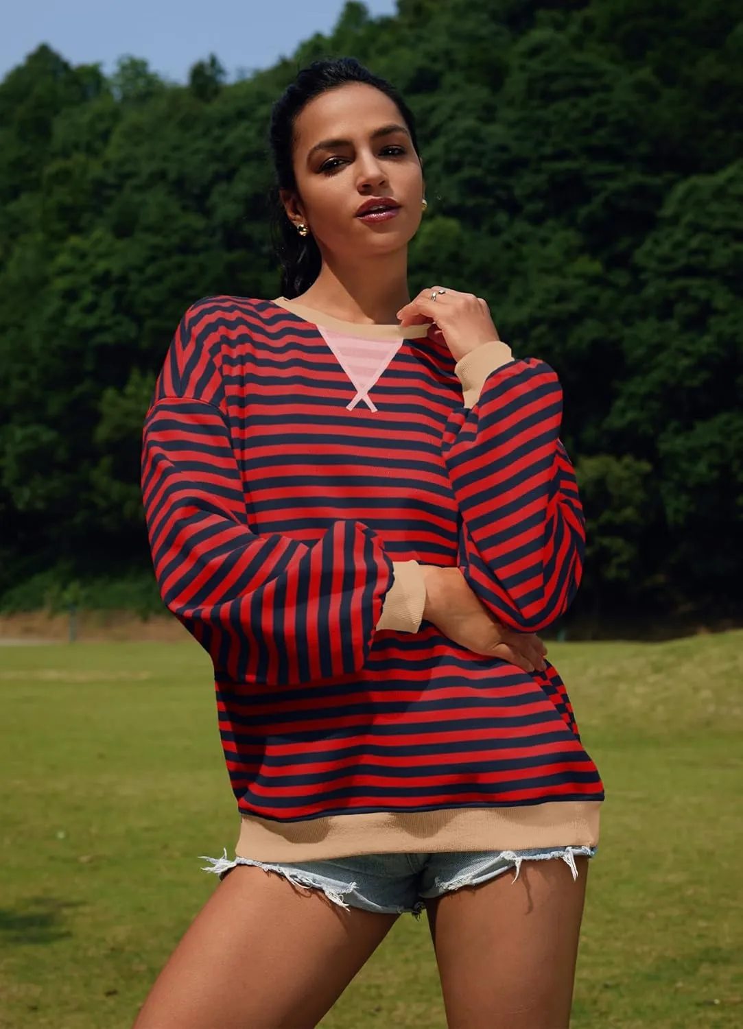 SENSERISE Womens Oversized Classic Striped Crewneck Sweatshirts Long Sleeve Color Block Shirts Casual Tops