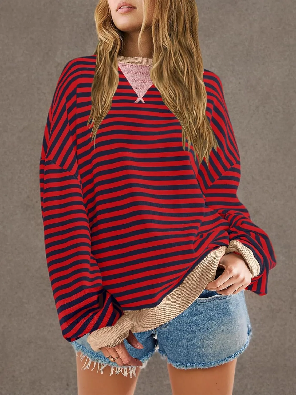 SENSERISE Womens Oversized Classic Striped Crewneck Sweatshirts Long Sleeve Color Block Shirts Casual Tops