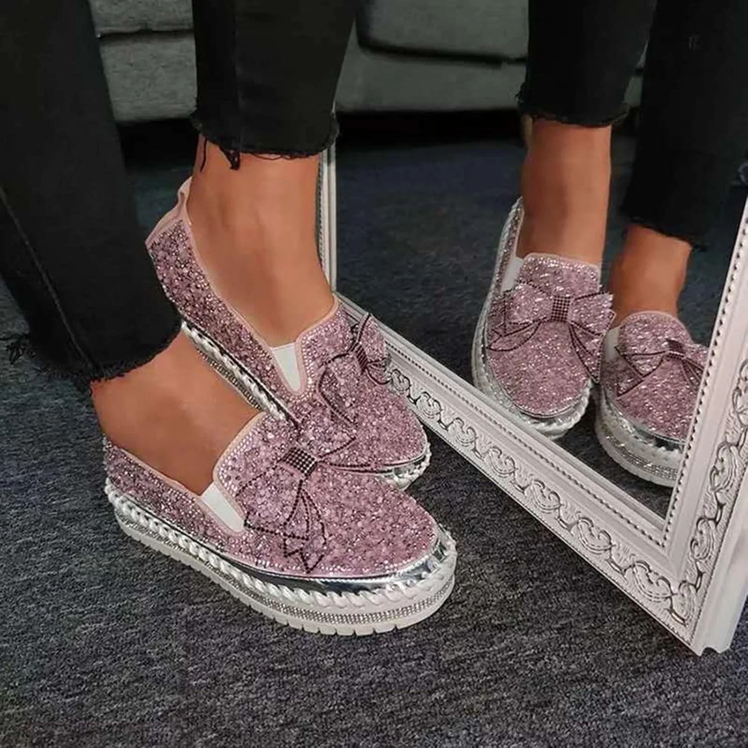 Sequin Sneakers for Women Fashion Glitter Slip on Sneaker Cute Bow Comfort Platform Walking Shoes Flat Loafer Casual Shoe Footwear