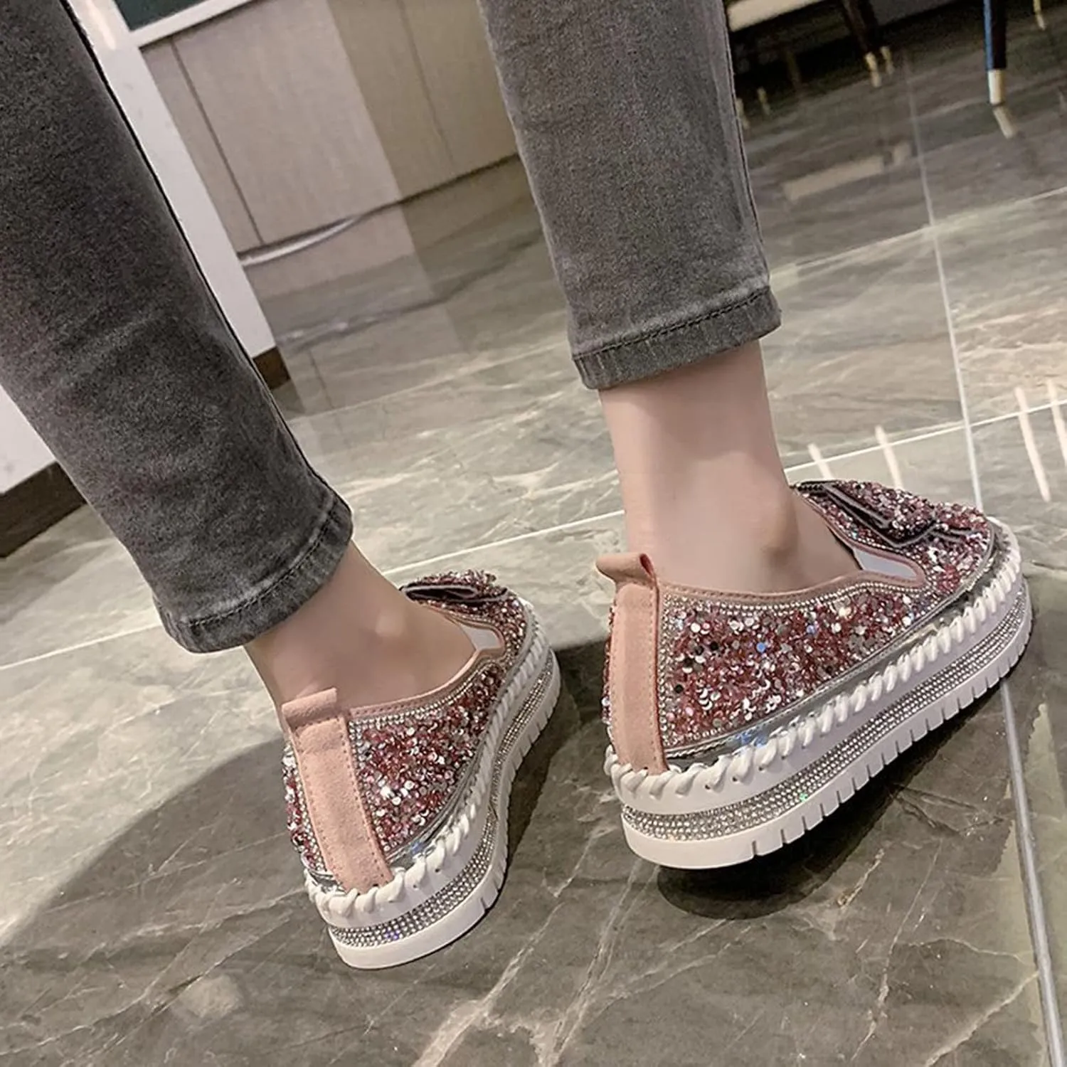 Sequin Sneakers for Women Fashion Glitter Slip on Sneaker Cute Bow Comfort Platform Walking Shoes Flat Loafer Casual Shoe Footwear