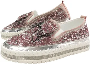 Sequin Sneakers for Women Fashion Glitter Slip on Sneaker Cute Bow Comfort Platform Walking Shoes Flat Loafer Casual Shoe Footwear