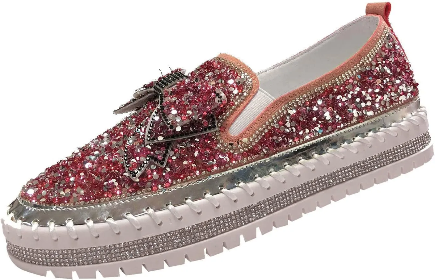 Sequin Sneakers for Women Fashion Glitter Slip on Sneaker Cute Bow Comfort Platform Walking Shoes Flat Loafer Casual Shoe Footwear