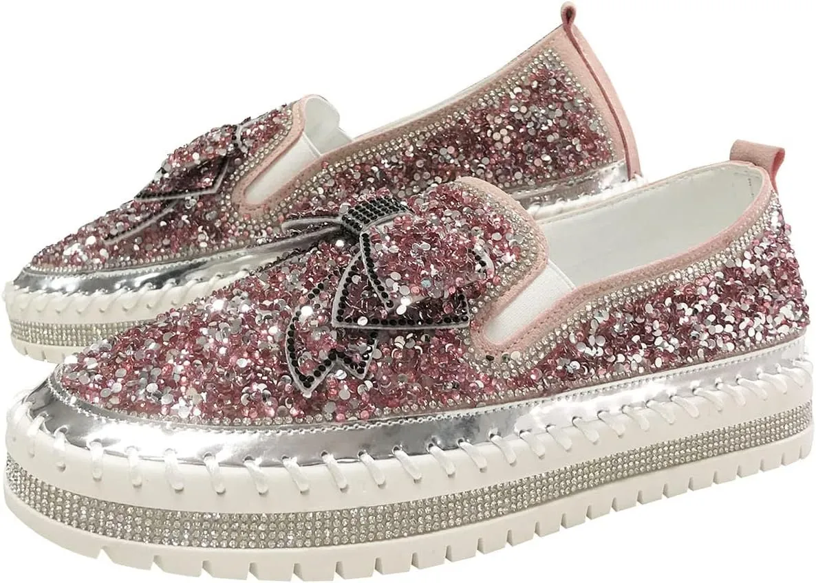 Sequin Sneakers for Women Fashion Glitter Slip on Sneaker Cute Bow Comfort Platform Walking Shoes Flat Loafer Casual Shoe Footwear