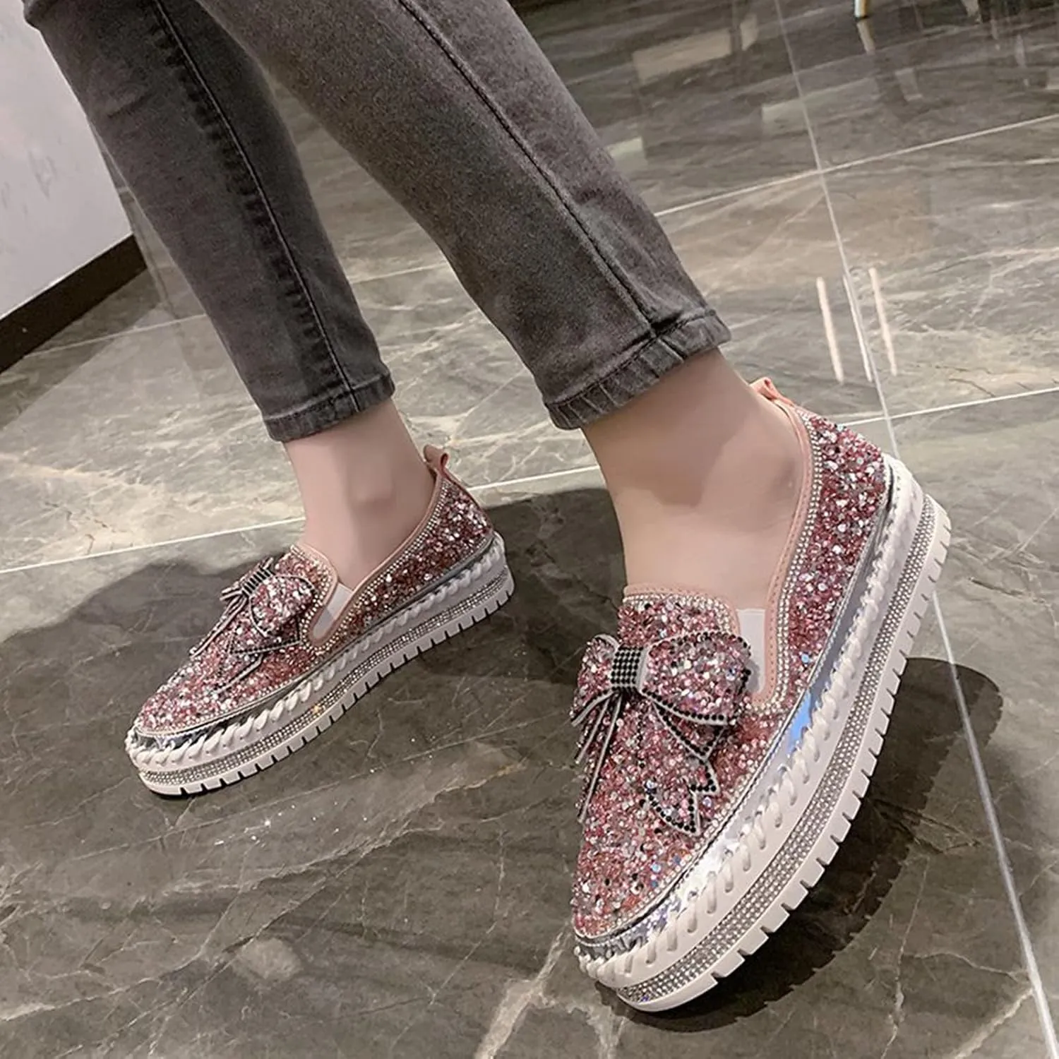 Sequin Sneakers for Women Fashion Glitter Slip on Sneaker Cute Bow Comfort Platform Walking Shoes Flat Loafer Casual Shoe Footwear