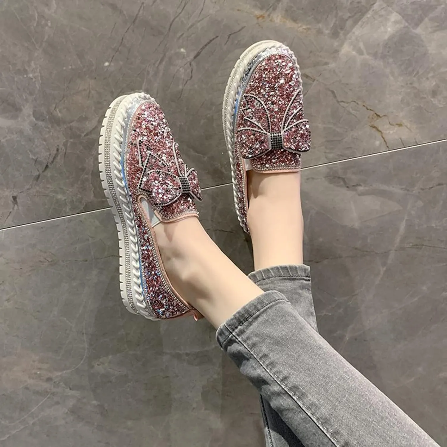 Sequin Sneakers for Women Fashion Glitter Slip on Sneaker Cute Bow Comfort Platform Walking Shoes Flat Loafer Casual Shoe Footwear