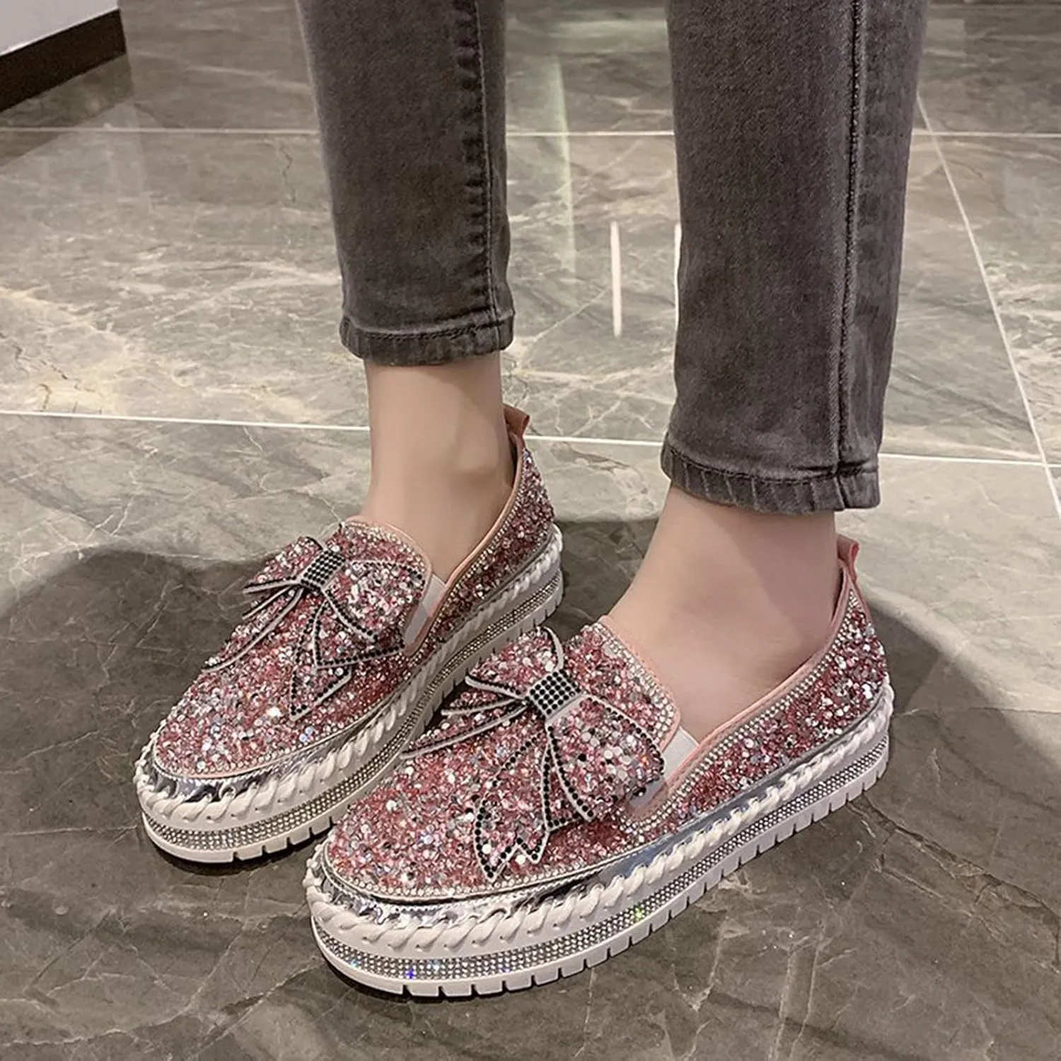 Sequin Sneakers for Women Fashion Glitter Slip on Sneaker Cute Bow Comfort Platform Walking Shoes Flat Loafer Casual Shoe Footwear