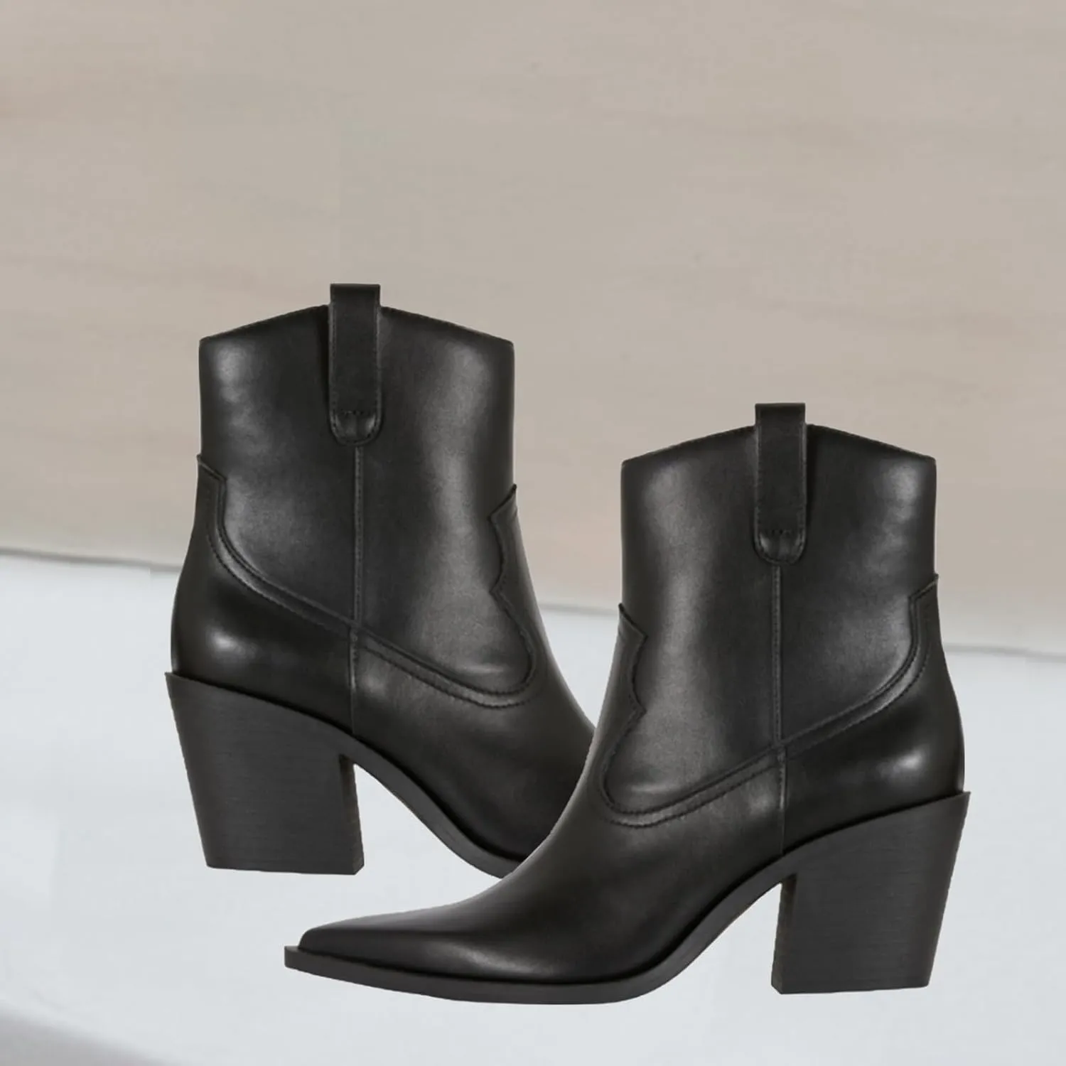 Sharp Pointed Thick Heeled Cowhide Short Boots,Classic Black Short Boots,Essential Boots for Autumn and Winter,Leisure and Workplace