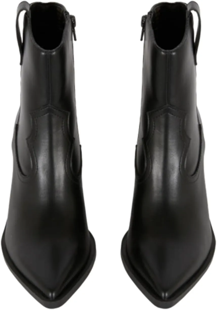 Sharp Pointed Thick Heeled Cowhide Short Boots,Classic Black Short Boots,Essential Boots for Autumn and Winter,Leisure and Workplace