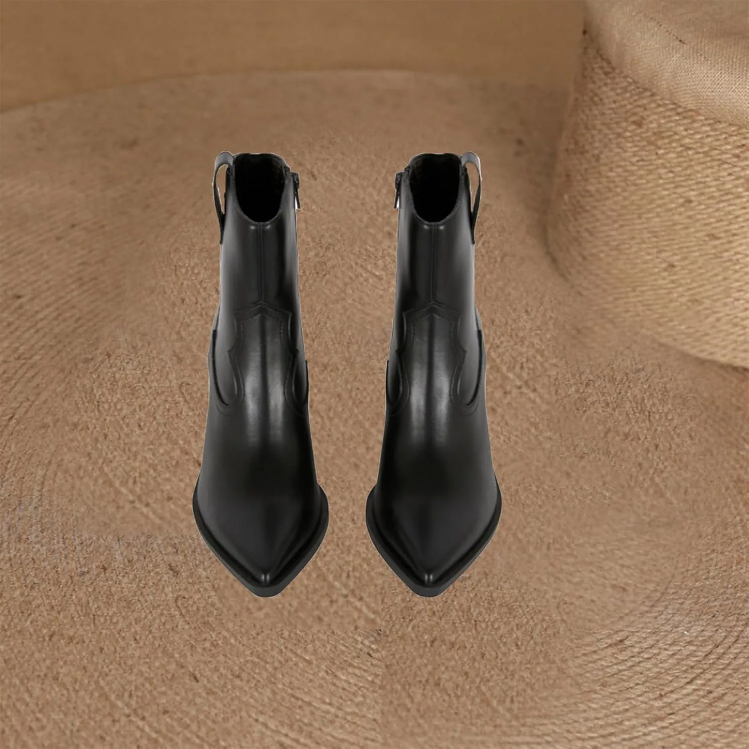 Sharp Pointed Thick Heeled Cowhide Short Boots,Classic Black Short Boots,Essential Boots for Autumn and Winter,Leisure and Workplace
