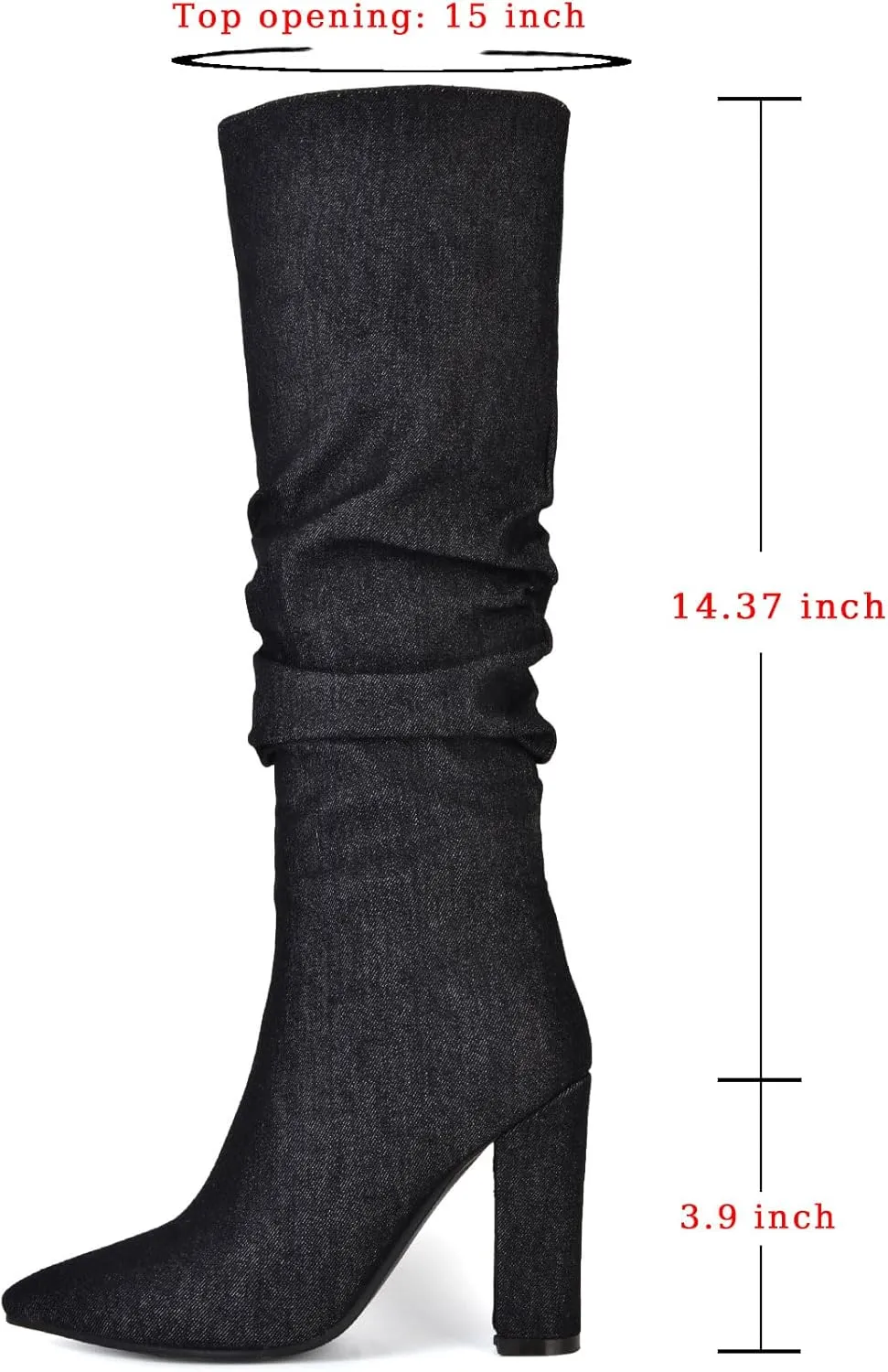 SHEMEE Women's Denim Knee High Boots Kitten Heels Pointed Toe Dress Jeans Mid-Calf Boots Zipper Tall Boots