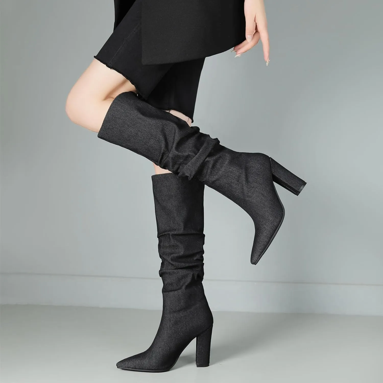 SHEMEE Women's Denim Knee High Boots Kitten Heels Pointed Toe Dress Jeans Mid-Calf Boots Zipper Tall Boots