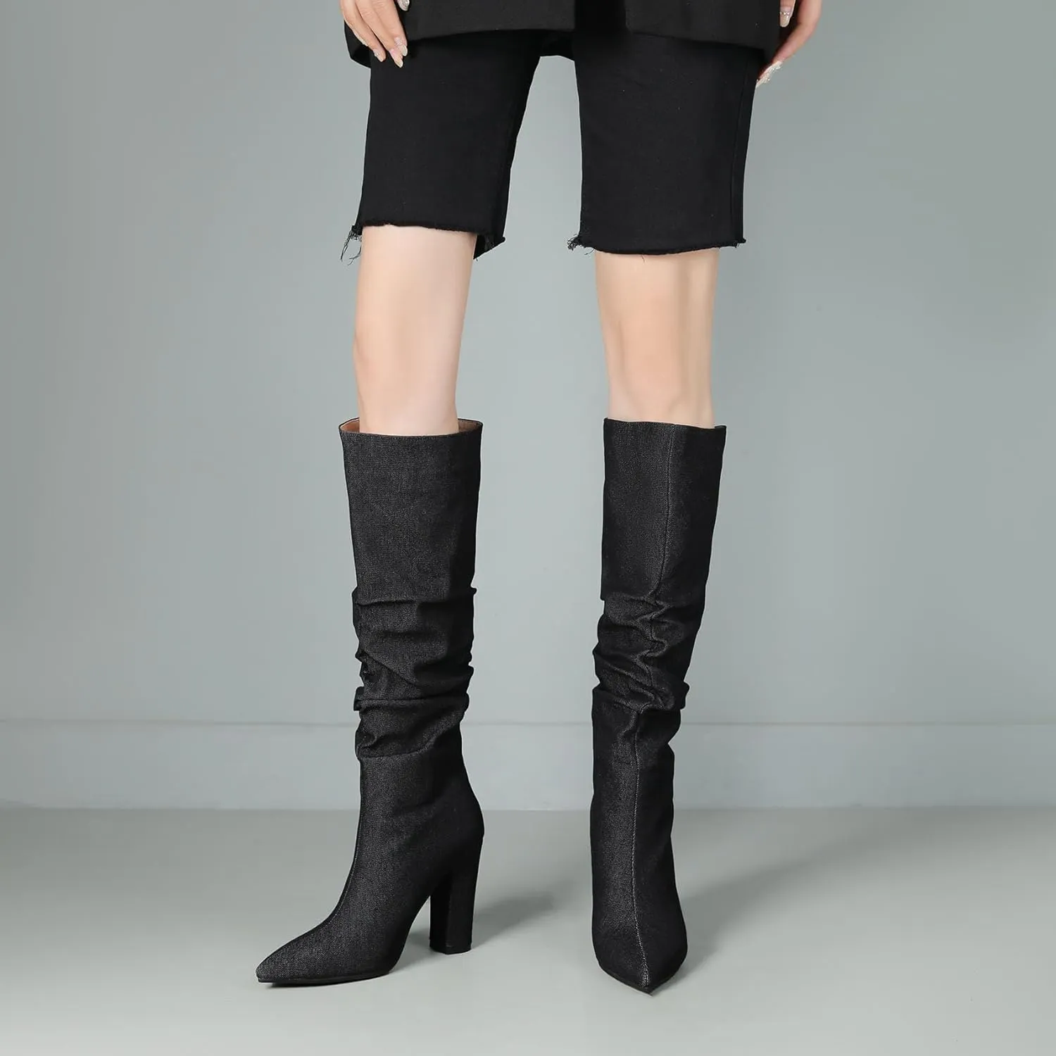 SHEMEE Women's Denim Knee High Boots Kitten Heels Pointed Toe Dress Jeans Mid-Calf Boots Zipper Tall Boots