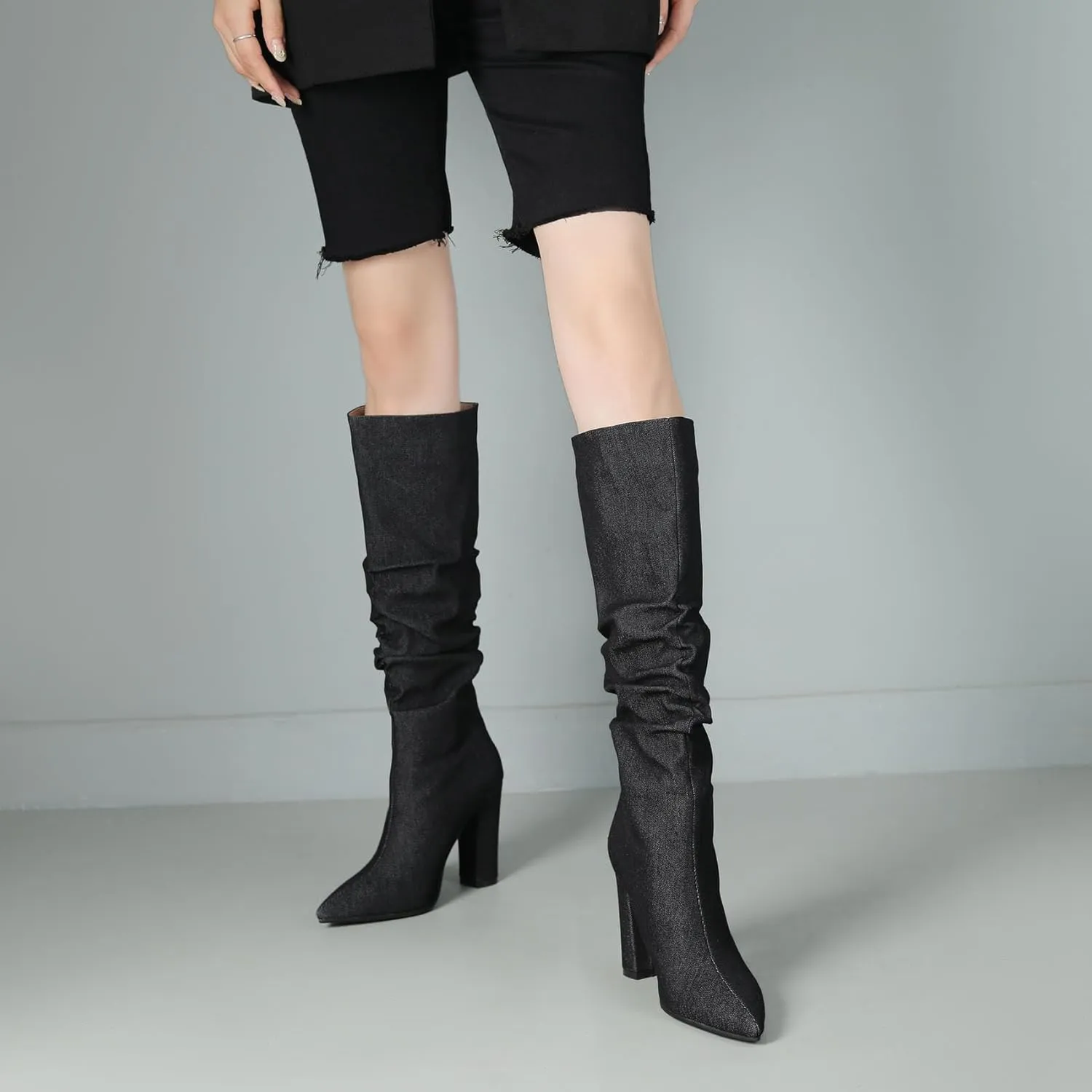 SHEMEE Women's Denim Knee High Boots Kitten Heels Pointed Toe Dress Jeans Mid-Calf Boots Zipper Tall Boots