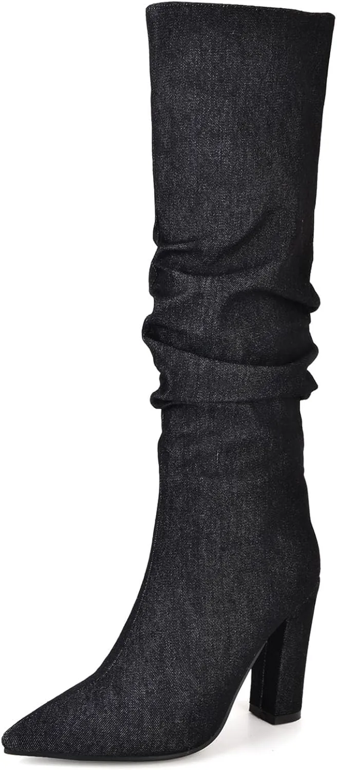 SHEMEE Women's Denim Knee High Boots Kitten Heels Pointed Toe Dress Jeans Mid-Calf Boots Zipper Tall Boots